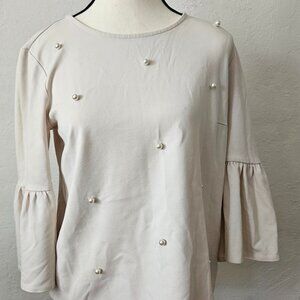 Ann Taylor Off White pearl embellished Blouse Bell Sleeves